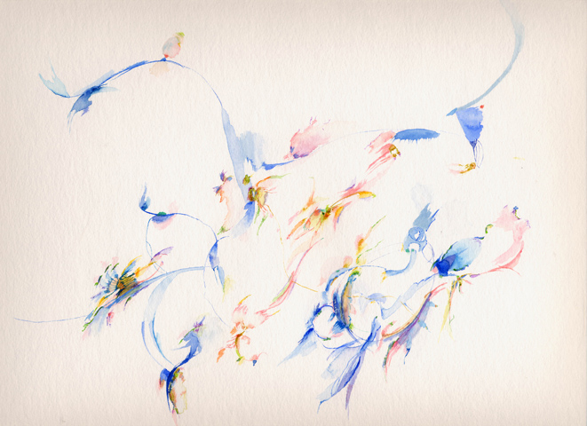 Kirsten K&ouml;tter, Painting Site-specific: 69° N / 27° O (Serie: NordNordOst), Kevoj&auml;rvi, Finnland, 24.06.2003, tags&uuml;ber, Aquarell, 30 &times; 40 cm, Text (08/36)