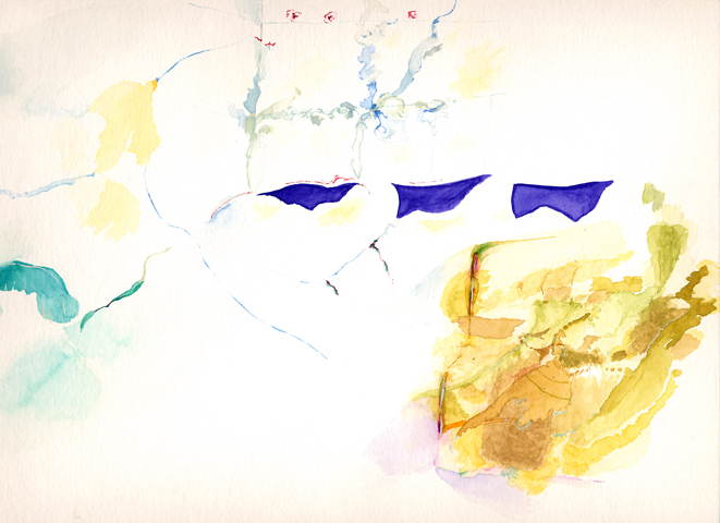 Auf der F&auml;hre - Kirsten K&ouml;tter, Painting Site-specific: 60° N / 24° O - 59° N / 25° O(NNO), Helsinki - Tallinn (Estland), 06.07.2003, 8.30 - 10.00, Aquarell, 30 &times; 40 cm, Text (25/36)