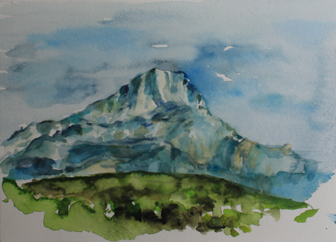 Kirsten K&ouml;tter: Montagne Sainte-Victoire, geamlt in der Wildnis nahe Haus Bret, 03.10.2013, fr&uuml;her Nachmittag, Aquarell, 17 &times; 24 cm