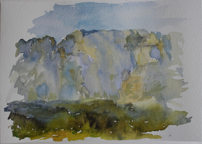 Kirsten K&ouml;tter: Montagne Sainte-Victoire vom Parkplatz 'Dites le Chinois', 05.10.2013, kurz vor Sonnenuntergang, Aquarell, 12 &times; 17 cm