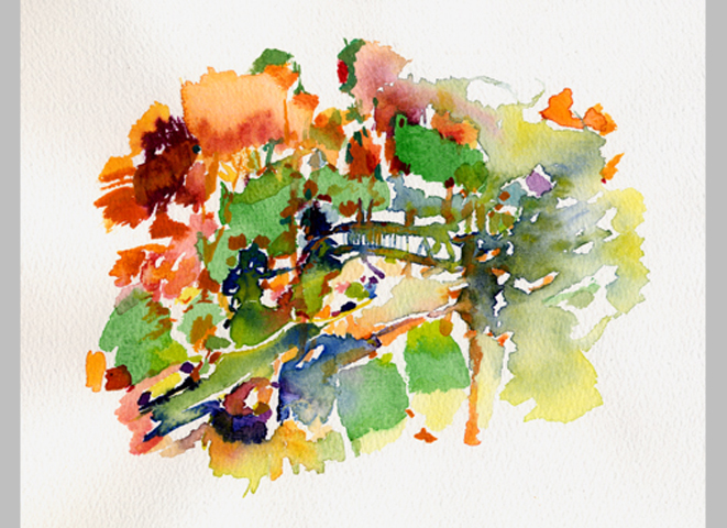 Kirsten K&ouml;tter: Painting Site Specific, Malerei vor Ort, 'Gartenstadt', Berlin, 23.03.2012, ca. 19.30 Uhr, nach Ausflug an die Spree, Haus der Kulturen der Welt, Aquarell, 17 &times; 24 cm