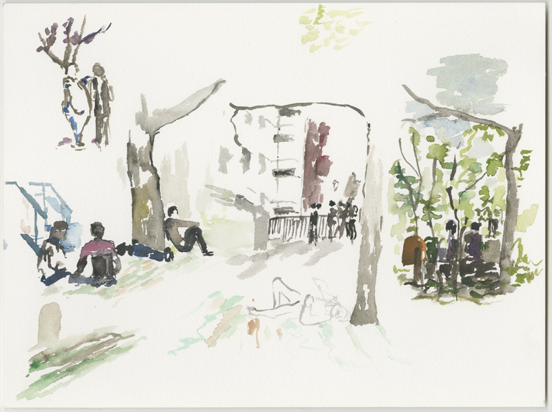 2016-04-13_52-52725_13-34790_lageso_skizze2, refugees waiting, 
  talking and sleeping in the sun at noon in front of the LAGeSo, 
  sketch, 24 × 32 cm (Kirsten Kötter)