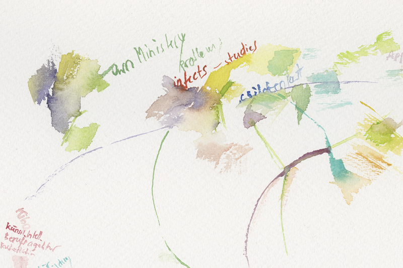 Kirsten Kötter: E-Bracelets Mekka, Rangar Yogeshwar, Maschinen-Musik (Insane in the brain-drain), watercolour, 24 x 32 cm, detail Kirsten Kötter: E-Bracelets Mekka, Rangar Yogeshwar, Maschinen-Musik (Insane in the brain-drain), watercolour, 24 x 32 cm, detail