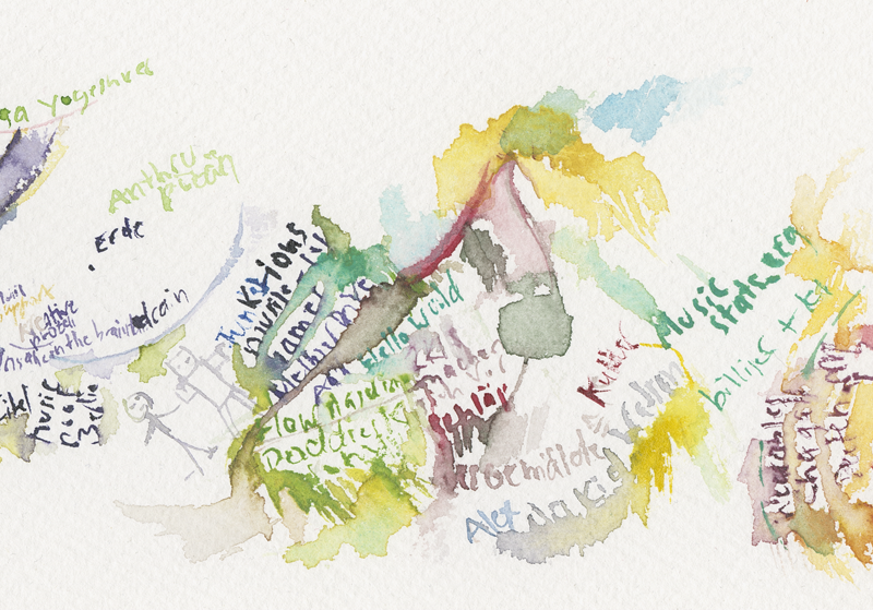 Kirsten Kötter: E-Bracelets Mekka, Rangar Yogeshwar, Maschinen-Musik (Insane in the brain-drain), watercolour, 24 x 32 cm, detail Kirsten Kötter: E-Bracelets Mekka, Rangar Yogeshwar, Maschinen-Musik (Insane in the brain-drain), watercolour, 24 x 32 cm, detail