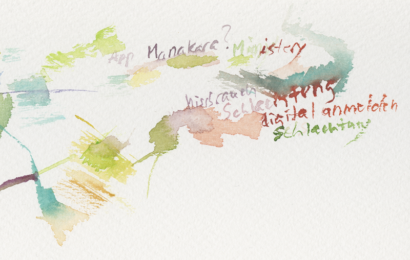 Kirsten Kötter: E-Bracelets Mekka, Rangar Yogeshwar, Maschinen-Musik (Insane in the brain-drain), watercolour, 24 x 32 cm, detail Kirsten Kötter: E-Bracelets Mekka, Rangar Yogeshwar, Maschinen-Musik (Insane in the brain-drain), watercolour, 24 x 32 cm, detail