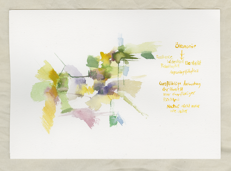 Kirsten Kötter: Resilience, Ökonomie - Großflächiger Abbau der Erde (Goldminen, Sand), grober ungefährer Rückbau = riesiger Eingriff in die Natur, watercolour, 17 x 24 cm Kirsten Kötter: Resilience, Ökonomie - Großflächiger Abbau der Erde (Goldminen, Sand), grober ungefährer Rückbau = riesiger Eingriff in die Natur, watercolour, 17 x 24 cm