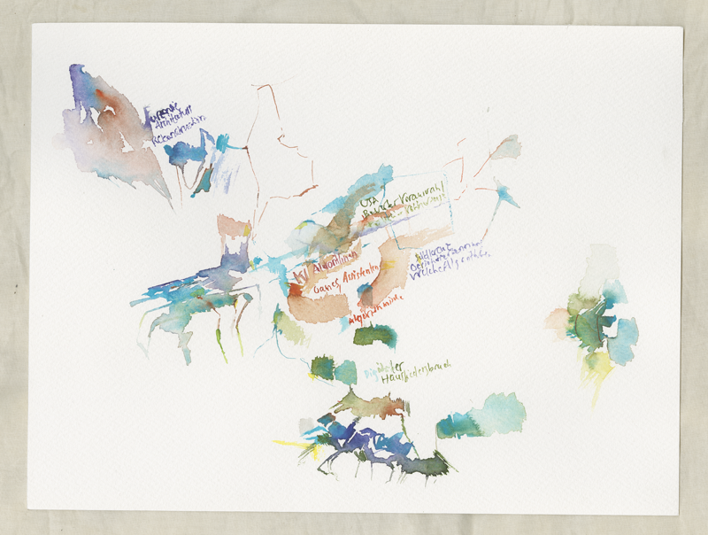 2015-05-03, 13:45, Eyal Weizman: Forensic Architecture, Stage 1; Julia Krüger: Algorithmen und künstliche Intelligenz, Stage 2 - Kirsten Kötter, watercolour, 24 x 32 cm 2018-05-03, 13:45, Eyal Weizman: Forensic Architecture, Stage 1; Julia Krüger: Algorithmen und künstliche Intelligenz, Stage 2 - Kirsten Kötter, watercolour, 24 x 32 cm