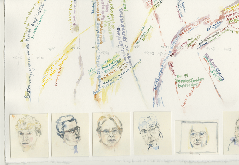 2020-11-23_familienausschuss-buerokratieabbau-ehrenamt, German Bundestag, Committee on Family, Senior Citizens, Women and Youth, 
  water colour, 50 x 65 cm, detail (Kirsten Kötter)