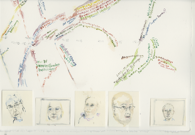 2020-11-23_familienausschuss-buerokratieabbau-ehrenamt, German Bundestag, Committee on Family, Senior Citizens, Women and Youth, 
  water colour, 50 x 65 cm, detail (Kirsten Kötter)